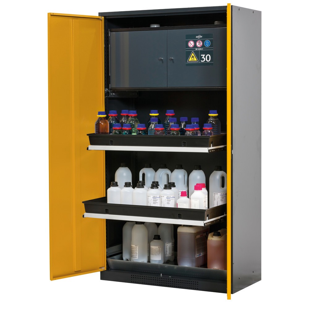 Produktabbildung: asecos® Chemikalien- und Giftschrank mit Sicherheitsbox Typ 30, 3 Tablarauszüge, goldgelb