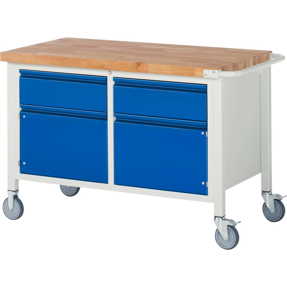 Produktabbildung: RAU mobile Werkbank Serie 8000, 1 Doppel-Container, 2 Flügeltüren, HxBxT 880 x 1.250 x 700 mm, 2 x 90%-Auszug-Schubladen, integrierte Griffleiste