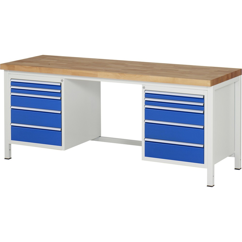 Produktabbildung: RAU Werkbank Serie 8000, 2 Container, HxBxT 840-1.040 x 2.000 x 700 mm, 10 x 90%-Auszug-Schubladen 4 x 60, 2 x 120, 4 x 150 mm