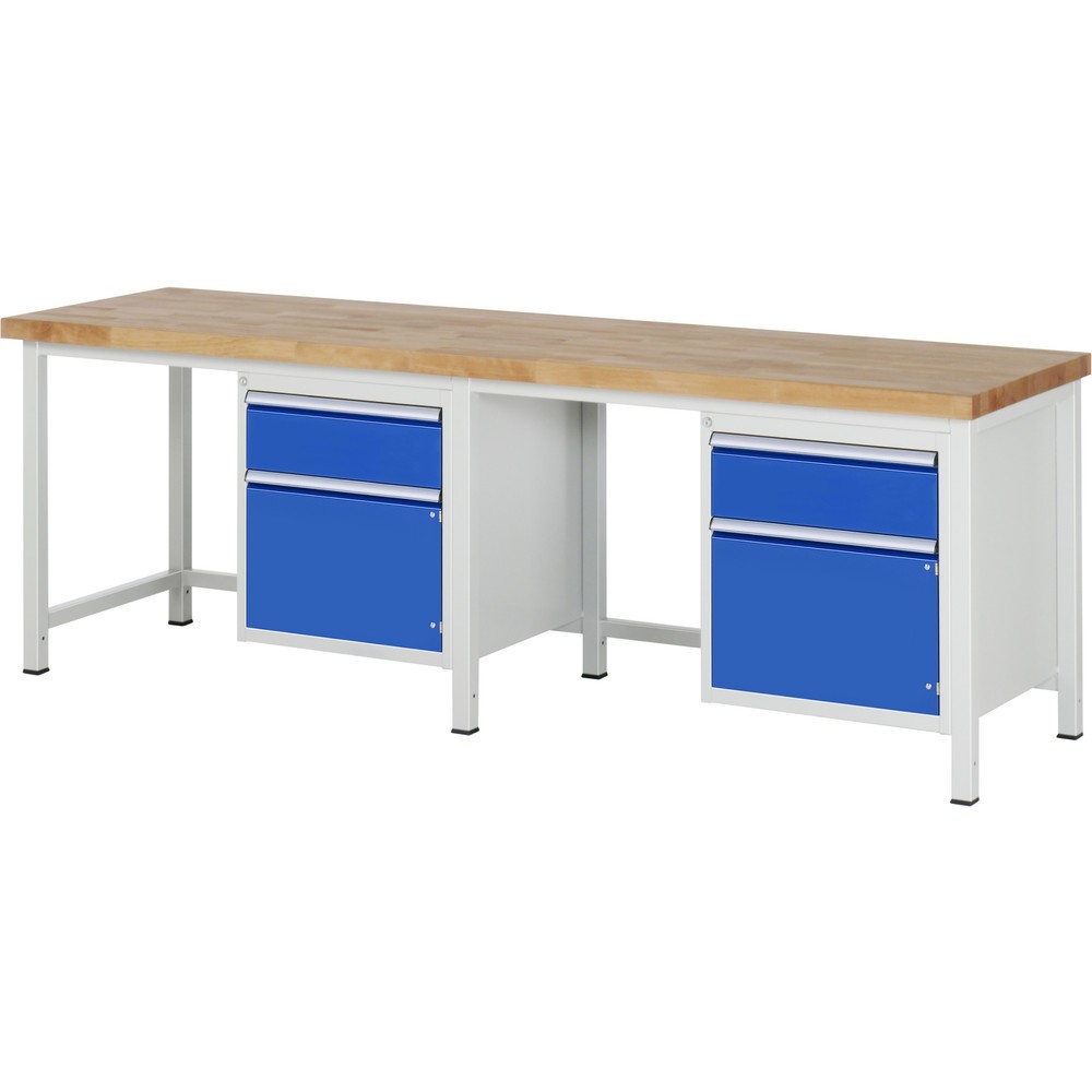 Produktabbildung: RAU Werkbank Serie 8000, 2 Container, 2 Flügeltüren, HxBxT 840-1.040 x 2.500 x 700 mm, 2 x 90%-Auszug-Schubladen