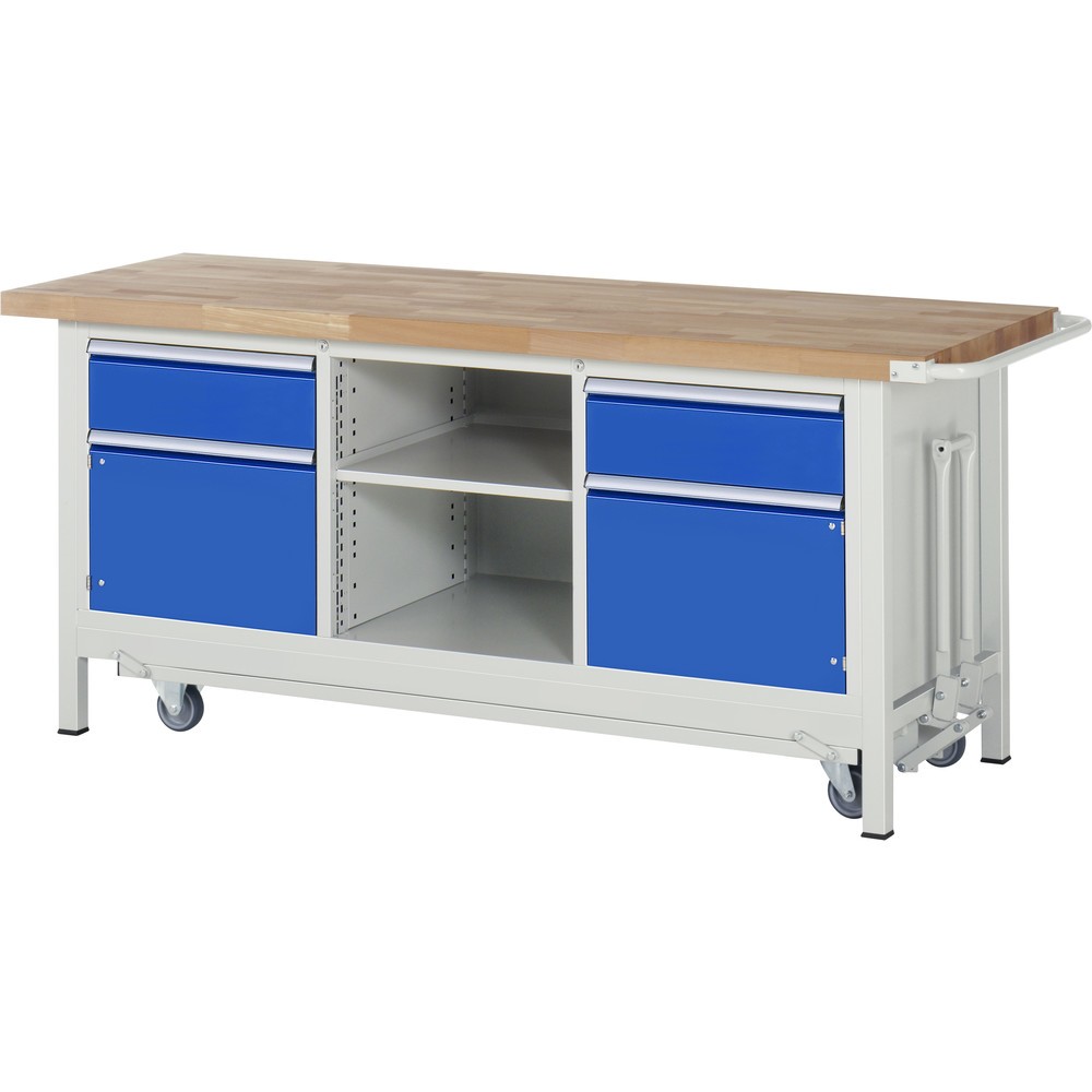 Produktabbildung: RAU Werkbank Serie 8000 mit absenkbarem Fahrgestell, 1 Dreifach-Container, HxBxT 880 x 2.000 x 700 mm, 2 x 90%-Auszug-Schubladen 2 x 180 mm, 1 Fachboden, 2 Flügeltüren, ErgoScript